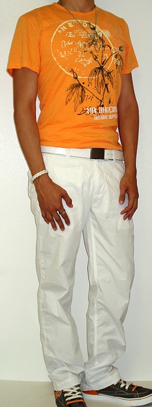 Men's Orange Graphic Tee White Cotton Pants White Leather Belt White Sneakers
