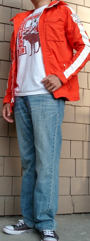 Men's Orange Jacket Light Blue Jeans Gray Shoes