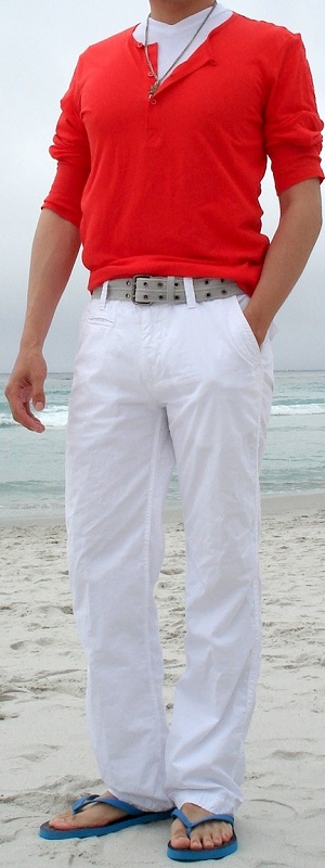 Men's Orange T-Shirt White T-Shirt White Pants Blue Sandals