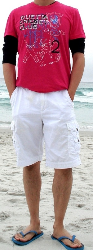 Men's Pink Graphic Tee Black T-Shirt White Shorts Blue Flip Flops