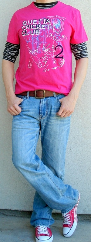 Men's Pink Graphic Tee Pink Shoes Black White Striped T-Shirt Brown Leather Belt Light Blue Jeans