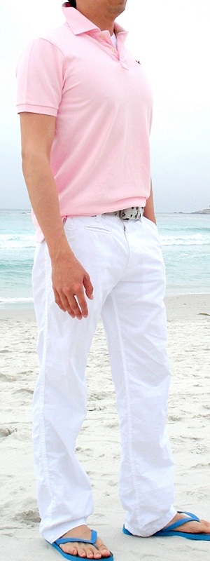 Men's Pink Polo White Pants Blue Flip Flops