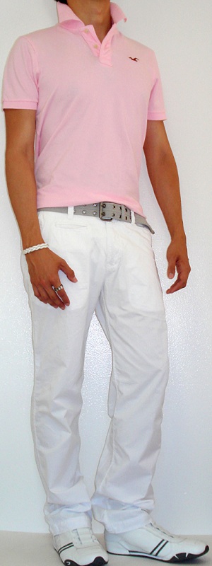 Men's Pink Polo Gray Cotton Belt White Pants White Sneakers