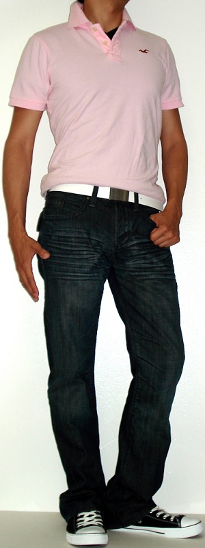 Men's Pink Polo White Leather Belt Black Shoes