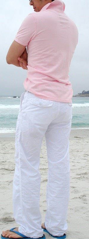 Men's Pink Polo White Pants Blue Flip Flops