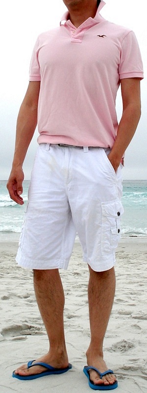 Men's Pink Polo White Shorts Blue Flip Flops