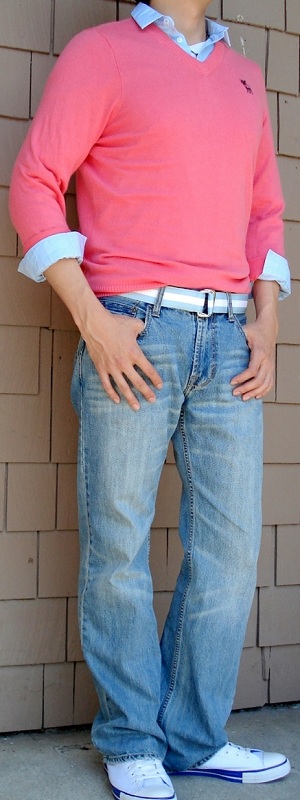Men's Pink Sweater Light Blue Shirt Blue Ribbon Belt White Sneakers