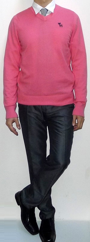 Pink V-neck Sweater Silver Tie White Shirt Dark Gray Pants Black Leather Shoes