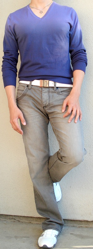 Men's Purple Gradient Sweater White Belt Gray Jeans White Shoes