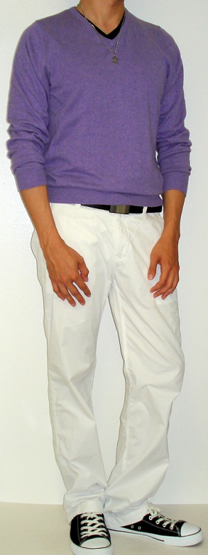 Men's Purple Sweater Black Belt White Pants Black Shoes