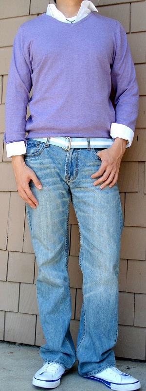 Men's Purple Sweater White Shirt Blue Ribbon Belt Light Blue Jeans White Shoes