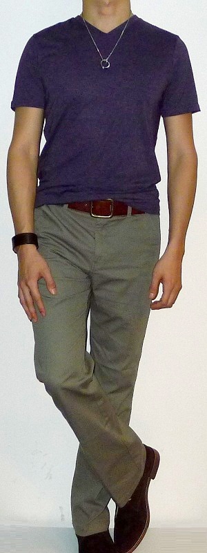 Men's Purple V-neck Short Sleeve T-shirt Khaki Pants Brown Belt Brown Ankle Boots