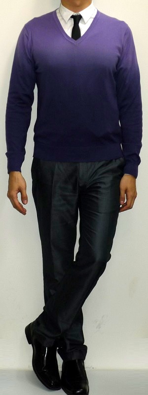 Purple V-neck Sweater White Shirt Black Tie Dark Gray Pants Black Dress Shoes