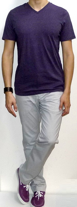 Men's Purple V-neck T-shirt White Pants Purple Canvas Shoes