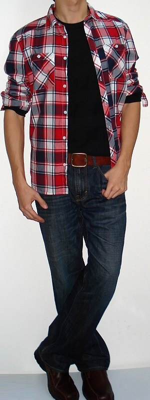 Men's Red Black White Plaid Shirt Black T-shirt Brown Belt Dark Blue Jeans Brown Shoes