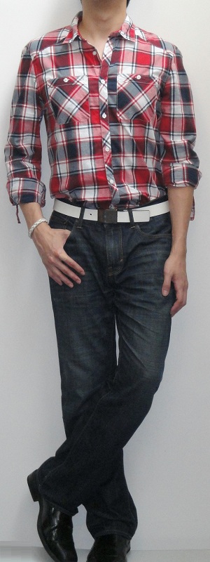 Men's Red Black White Plaid Shirt White Leather Belt Dark Blue Bootcut Jeans Black Leather Loafers