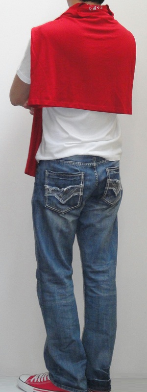 Men's Red Cape White Short Sleeve V Neck T-Shirt Light Blue Jeans Pink Canvas Shoes