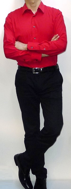 red dress shirt black pants