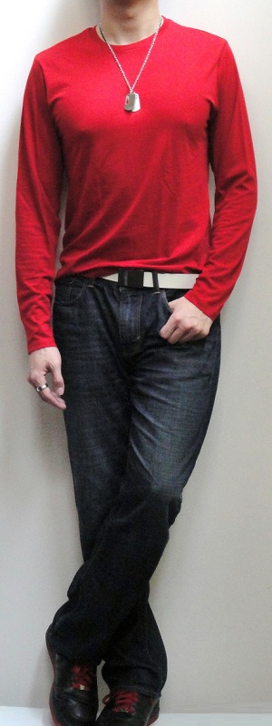 Men's Red Long Sleeve T-Shirt White Leather Belt Dark Blue Jeans Black Fashion Sneakers