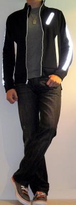 Black Athletic Jacket Gray Tshirt Black Jeans Brown Sneakers