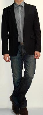 Black Blazer Dark Gray Striped Shirt Dark Blue Jeans Brown Boots Black Belt