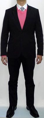 Black Blazer Pink V-neck Sweater Silver Tie White Shirt Black Pants Black Leather Shoes