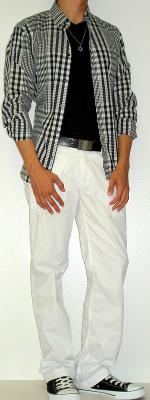 Black Checkered Shirt Black T-Shirt Black Belt White Pants Black Canvas Shoes