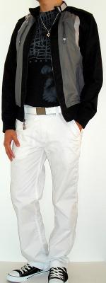 Black Gray Zip Jacket Black Graphic T-Shirt Black Shoes White Belt White Pants