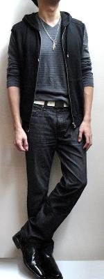 Black Hooded Vest Grey Striped V-Neck T-Shirt White Belt Black Jeans Black Leather Shoes