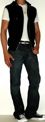 Black Hoodie Vest White T Shirt Black Webbing Belt Black Shoes