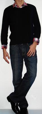 Black Long Sleeve T-shirt Red Plaid Shirt Dark Blue Jeans Black Dress Shoes