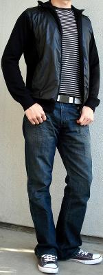 Black Perforated Jacket Black White Striped T-Shirt White Belt Gray Shoes