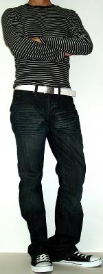 Black Striped T-Shirt White Leather Belt Black Sneakers
