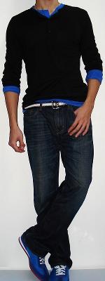 Black Long Sleeve Button T-shirt Blue Long Sleeve Button T-shirt Dark Blue Jeans Blue Sneakers