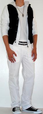 Black Vest White Hoodie Jacket White T-Shirt White Pants Black Sneakers