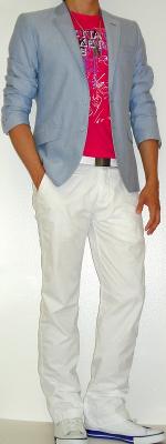 Blue Blazer Pink Graphic Tee White Belt White Pants White Shoes