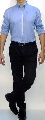 Blue Long Sleeve Dress Shirt With White Placket Black Belt Black Dress Pants Black Leather Loafers