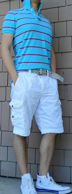Blue Striped Polo White Shorts White Sneakers
