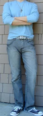 Blue T-Shirt Gray Belt Gray Jeans Gray Shoes