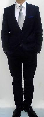 Dark Blue Checkered Suit Jacket Gray Tie White Shirt Black Suit Pants Black Leather Shoes