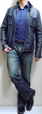 Dark Blue Leather Jacket Dark Blue Shirt Dark Blue Jeans Black Shoes Black Belt