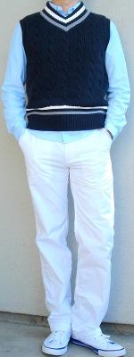 Dark Blue Sweater Vest Blue Dress Shirt White Pants White Shoes