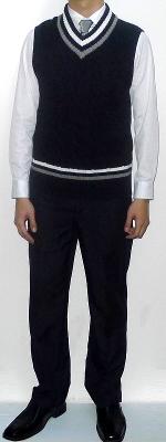 Dark Blue V-neck Sweater Vest Silver Tie White Dress Shirt Navy Dress Pants Black Leather Shoes