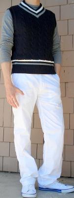 Dark Blue Vest Gray T-Shirt White Pants White Shoes