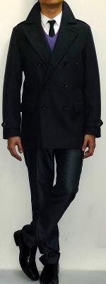 Dark Gray Peacoat Purple V-neck Sweater White Shirt Black Tie Dark Gray Dress Pants Black Dress Shoes