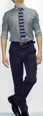 Dark Gray Shirt Blue Gray Striped Tie Black Pants Black Shoes Black Belt
