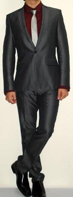 Dark Grey Suit Dark Red Shirt Silver Striped Tie Black Leather Shoes