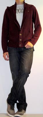 Dark Red Cardigan White T-Shirt Black Jeans Grey Casual Shoes