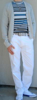 Gray Cardigan Blue Gray Striped T-Shirt Gray Belt White Pants White Shoes