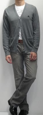 Gray Cardigan White Graphic T-Shirt Brown Belt Gray Jeans Black Leather Loafers